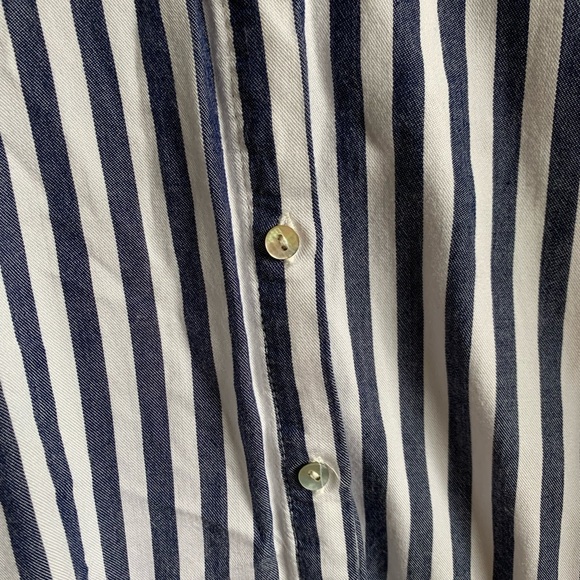 Navy blue and white stripped button down shirt with faux shell buttons. - Picture 6 of 8